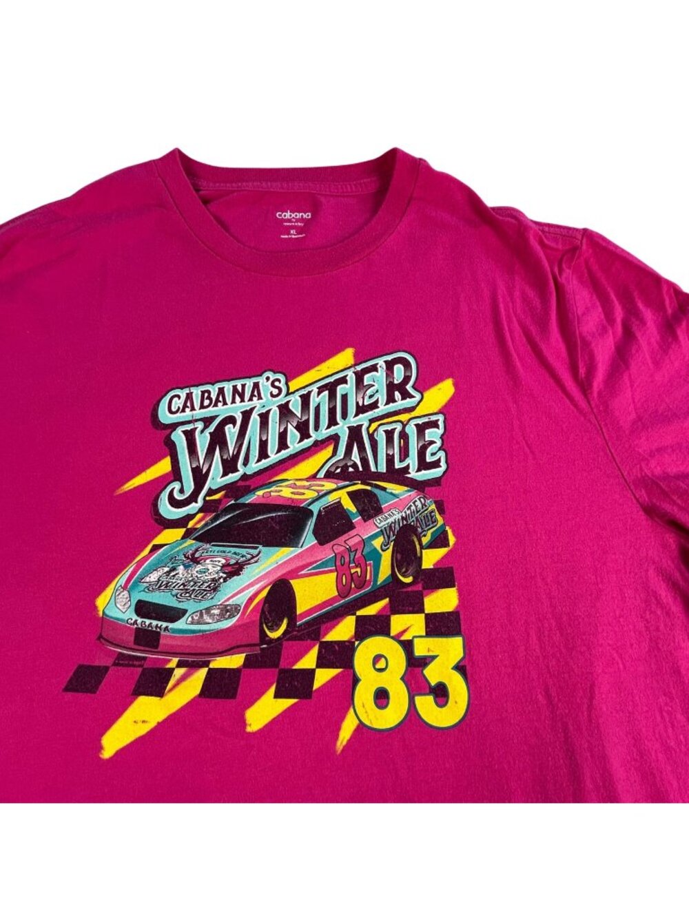 Cabana Winter Ale Racing T Shirt Sz XL 83 Crown & Ivy Pink Yellow Cotton Blend